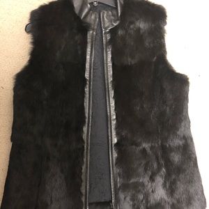 Dana Buchman Black Fur, Leather Trim, zip up Vest